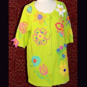 CERVELLE green embroidered short sleeve sweater L 💥🕛